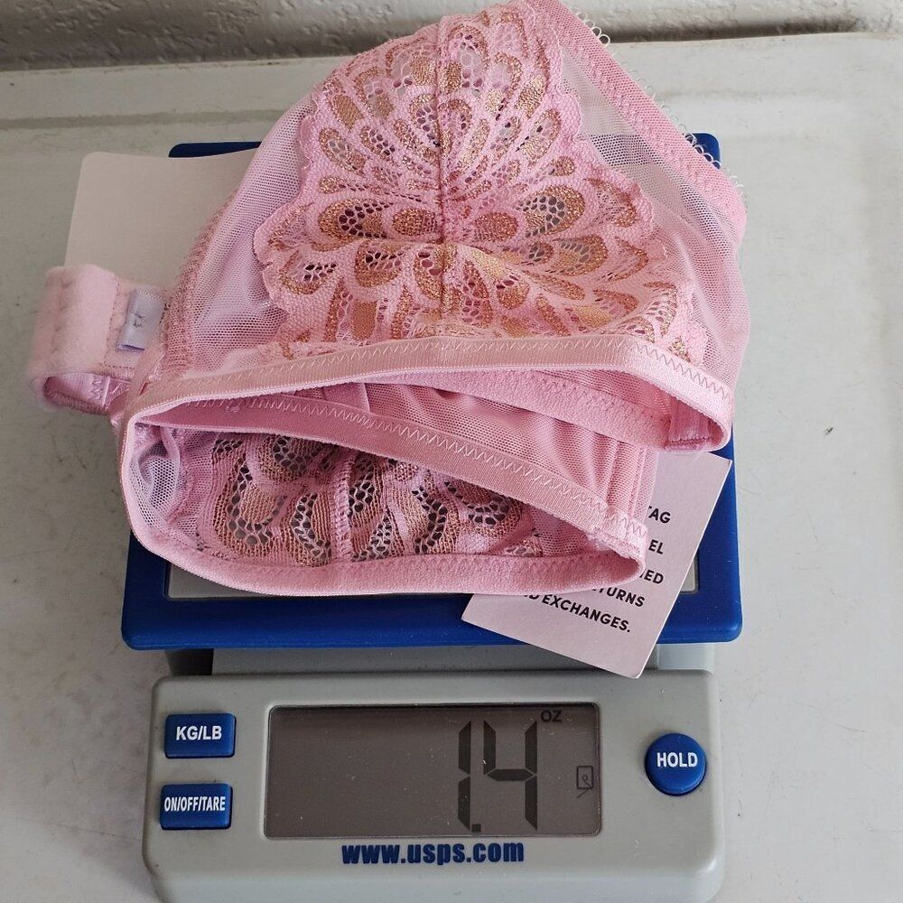 Savage X Fenty Bra Unlined Pink Metallic Gold Lace Mesh‎ Wireless Women's S NWT - Picture 14 of 16